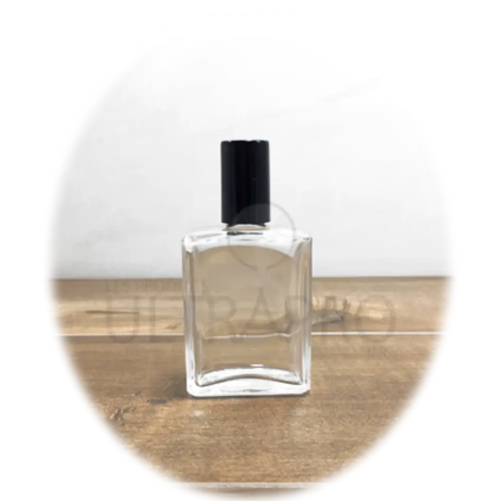 Bouteille verre 30ml/1oz clair rectangle plat avec bouchon noir