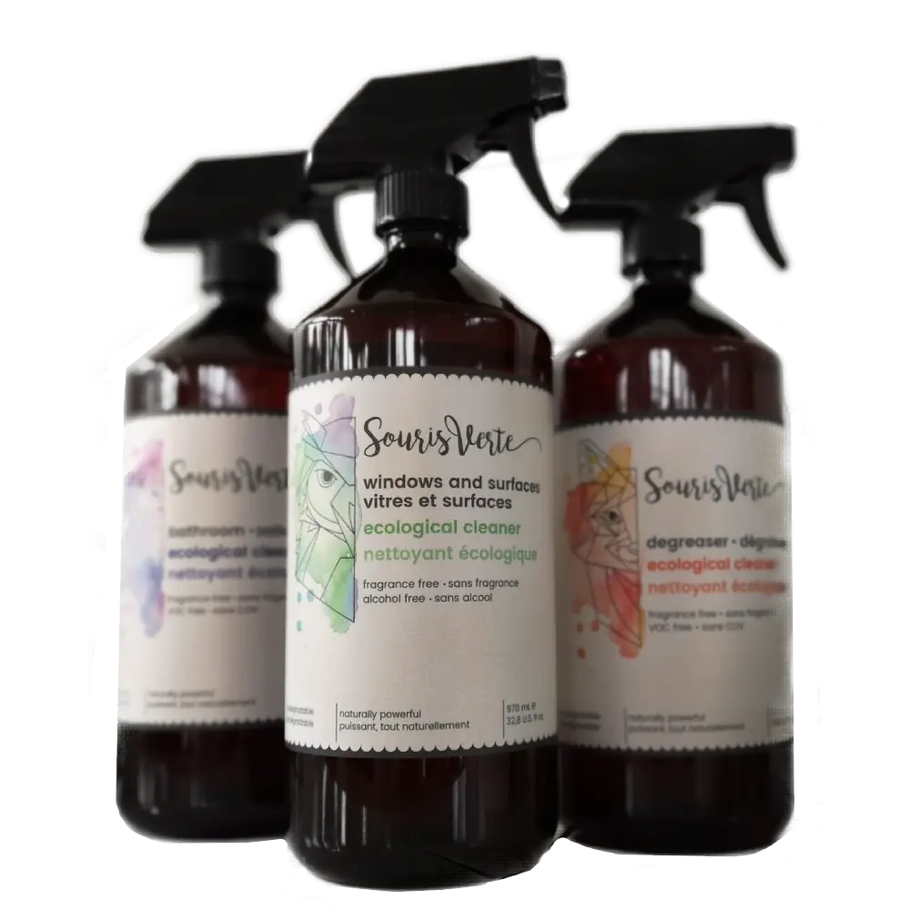 Trio de nettoyants écologiques 
1x Dégraisseur, 1x Salle de bain, 1x Vitres et surfaces