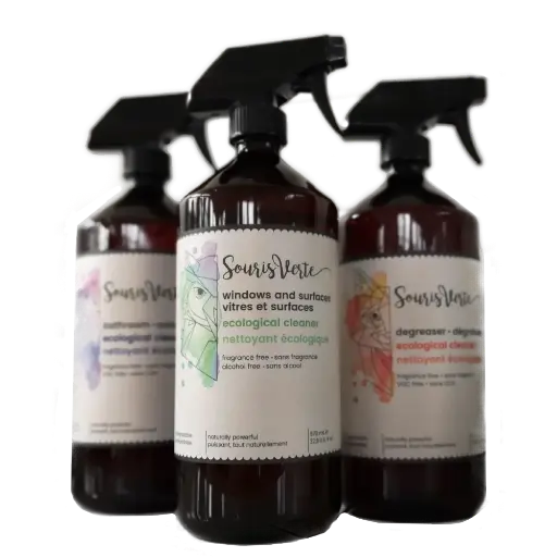 [999-3] Trio de nettoyants écologiques 
1x Dégraisseur, 1x Salle de bain, 1x Vitres et surfaces